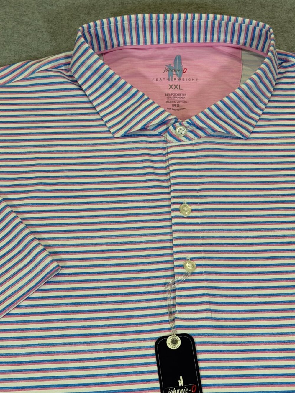 Johnnie-O Mens Warwick Featherweight Striped Performance Polo XXL Porto Pink NWT